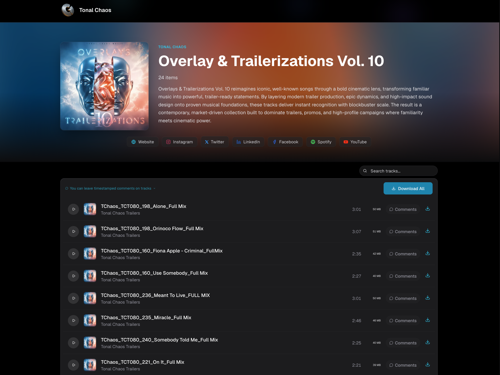 Overlay and Trailerizations Vol. 10 pitch playlist on DropCue, showing 24 tracks with play buttons, file sizes, timestamps, comment threads, and a Download All button