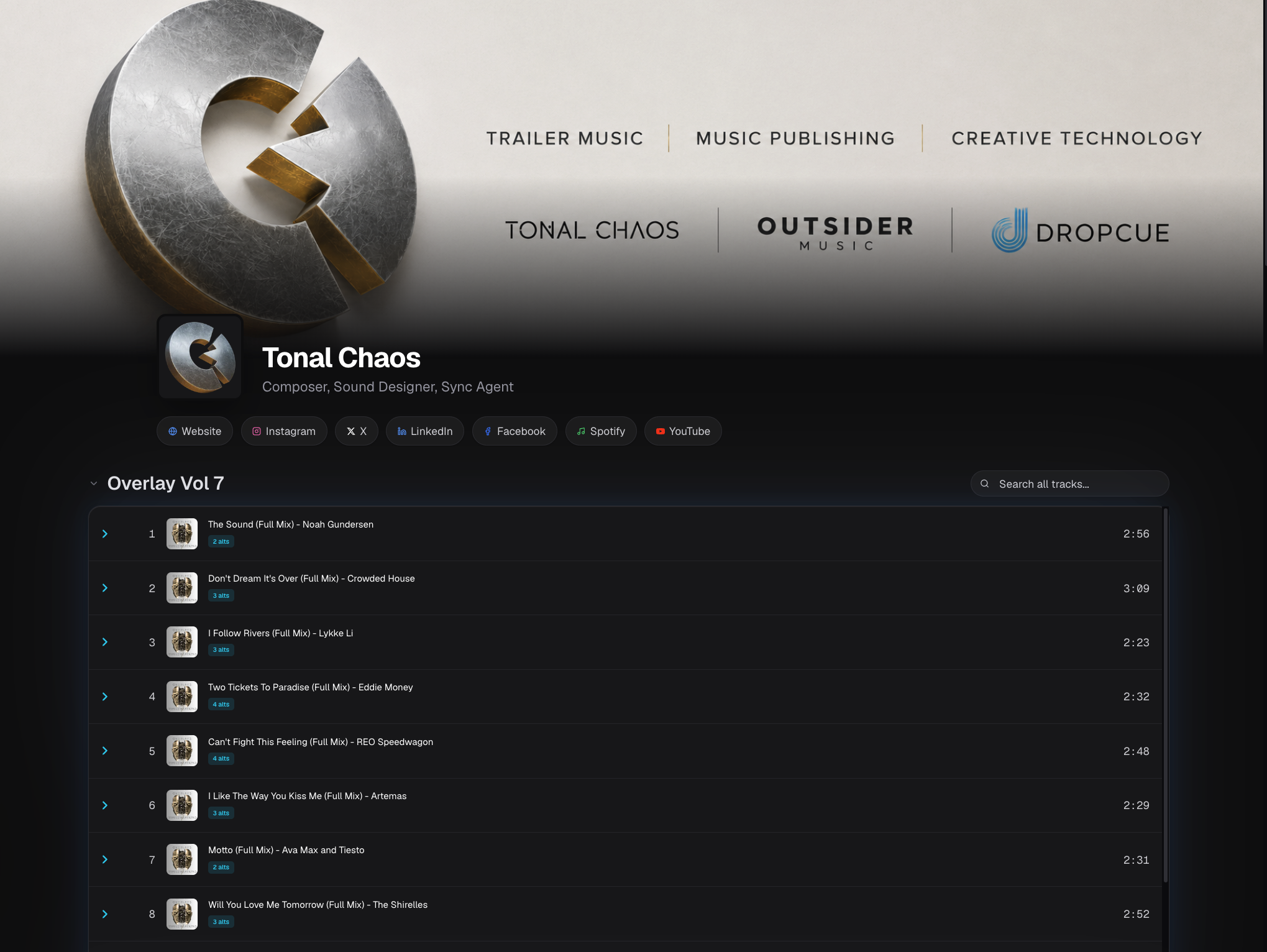 Tonal Chaos public portfolio page on DropCue showing branded header, three service lines (Trailer Music, Music Publishing, Creative Technology), and the start of the Overlay Vol 7 playlist with alt mix counts on each track